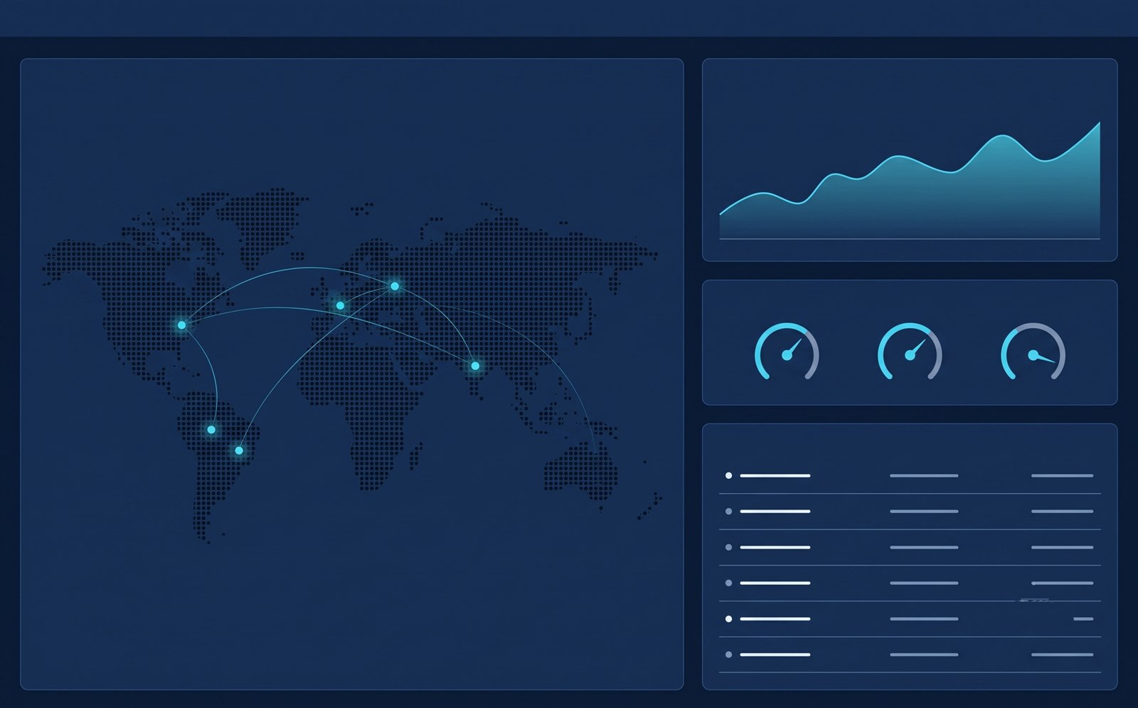 Painel de monitoramento: mapa global de conexões, gráfico de tráfego e lista de alertas