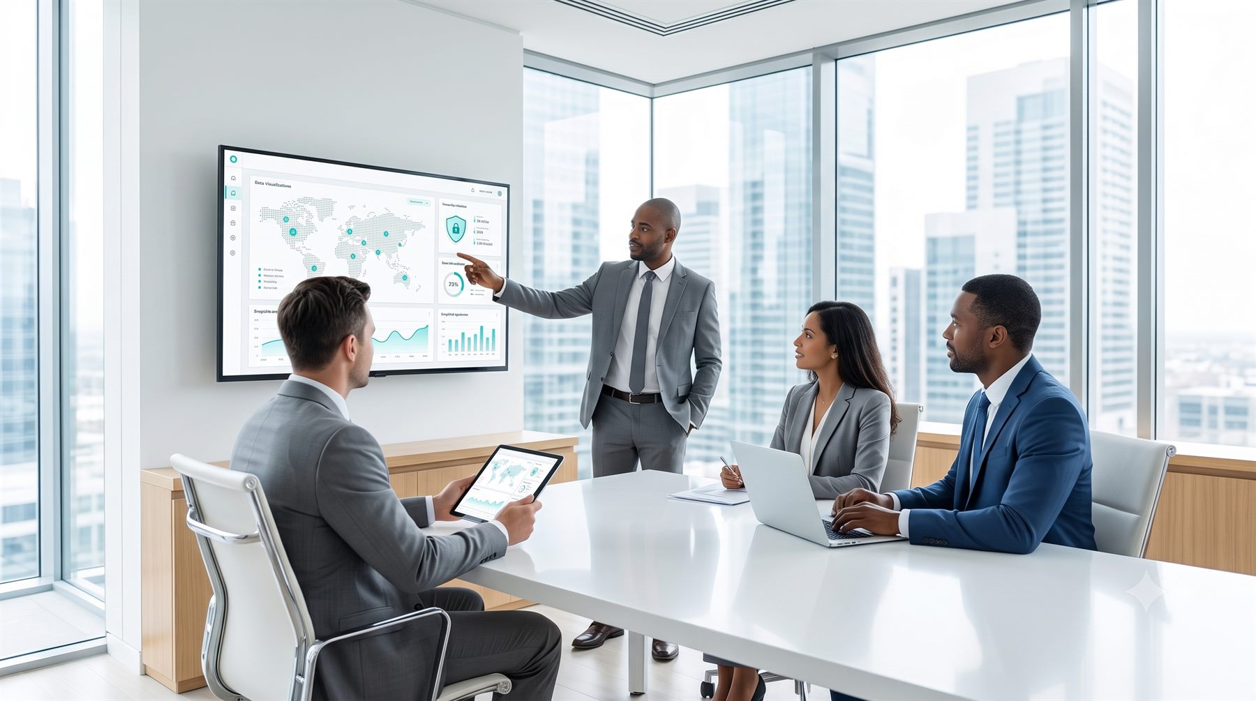 Equipe corporativa em reunião analisando painéis de monitoramento de infraestrutura