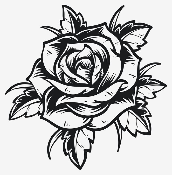 Rosa em blackwork com folhagem