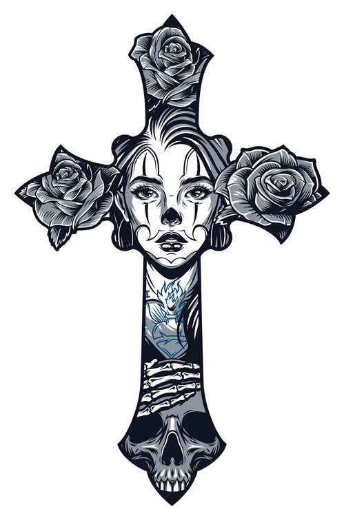 Cruz com rosto e rosas em blackwork