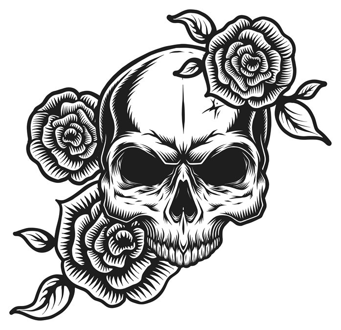 Caveira cercada de rosas em blackwork