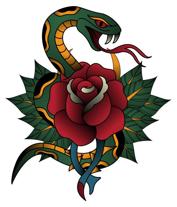 Serpente enrolada em rosa, neotradicional