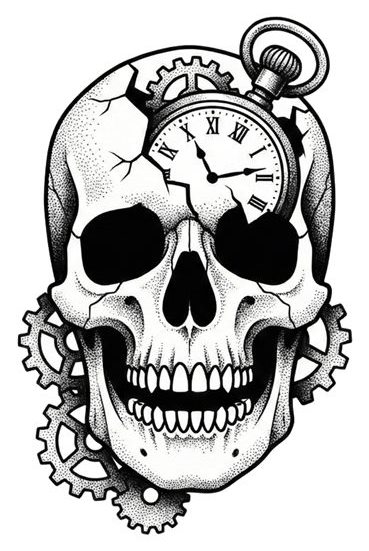Caveira com relógio de bolso e engrenagens em blackwork