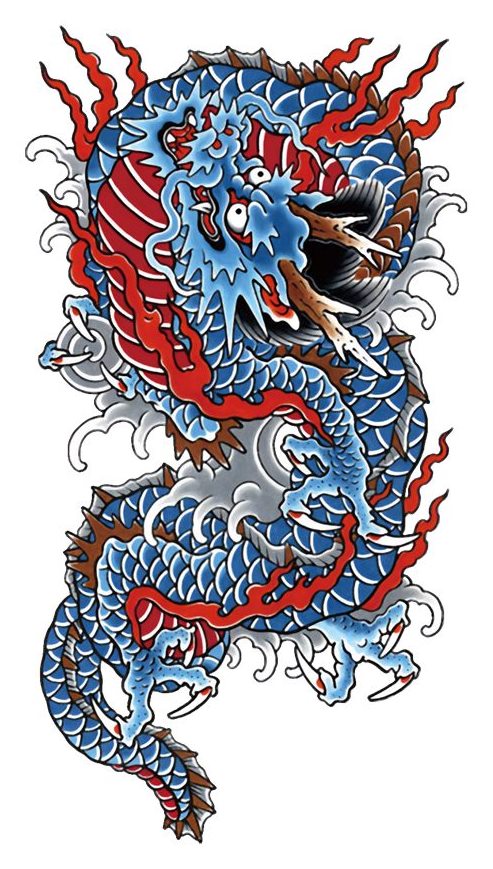 Dragão oriental em azul e vermelho com nuvens
